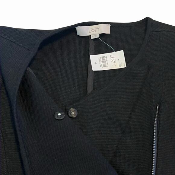 LOFT Black Wool Blend Moto Sweater Jacket Asymmetrical Zip Cardigan Workwear - Picture 5 of 11